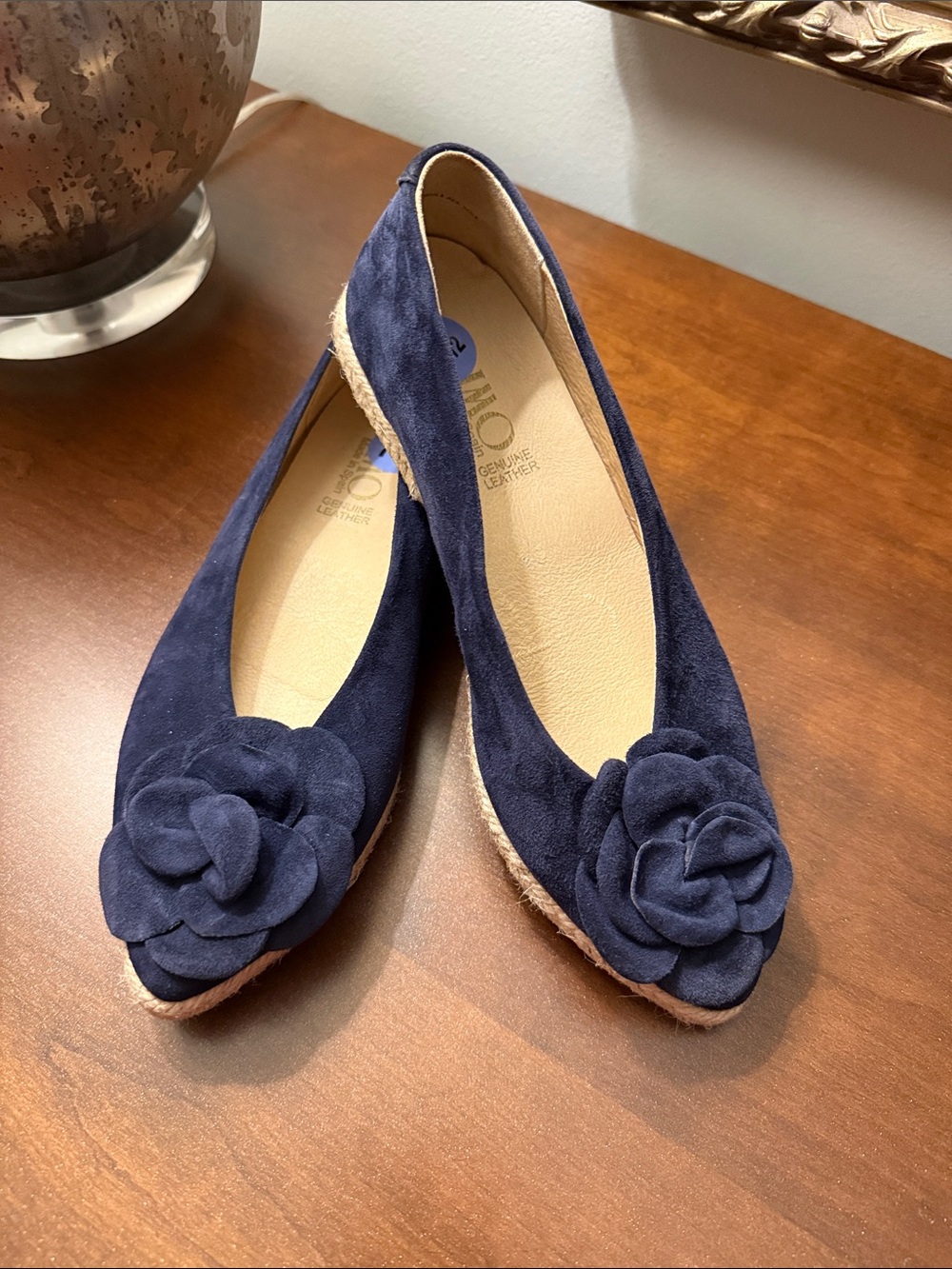 Navy Suede Floral Applique Flats - Women